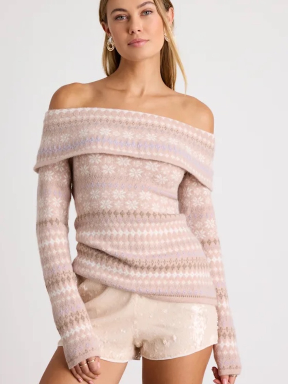 Lulu's Blush Pink Off-the-Shoulder Fair Isle Sweater Medium